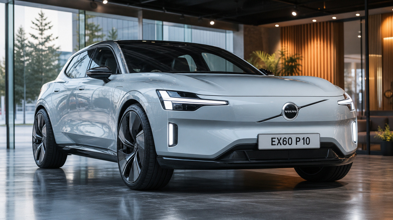 Carro elétrico Volvo cinzento claro estacionado em interior moderno com grandes janelas e iluminação ambiente.