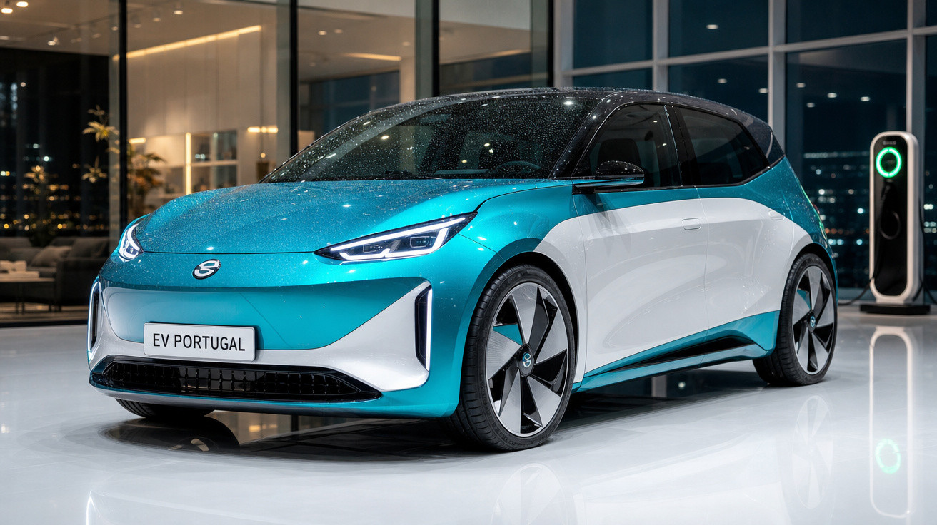 Carro elétrico azul e branco estacionado em espaço interior moderno, com carregador elétrico ao fundo.