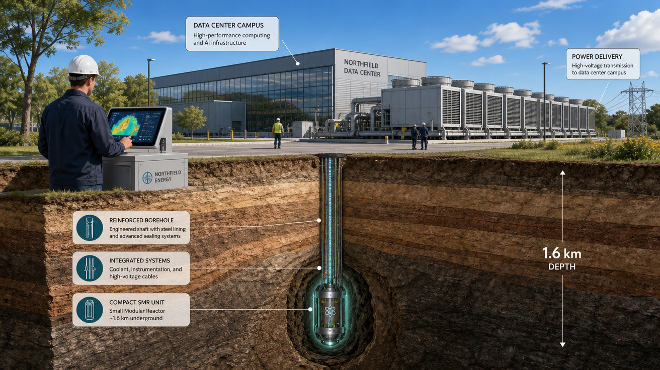 Centro de dados Northfield com reator modular compacto a 1,6 km de profundidade e sistema de energia integrado.