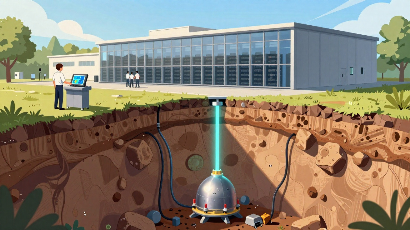 Ilustração de sistema geotérmico subterrâneo com edifício tecnológico e técnicos em ambiente exterior.