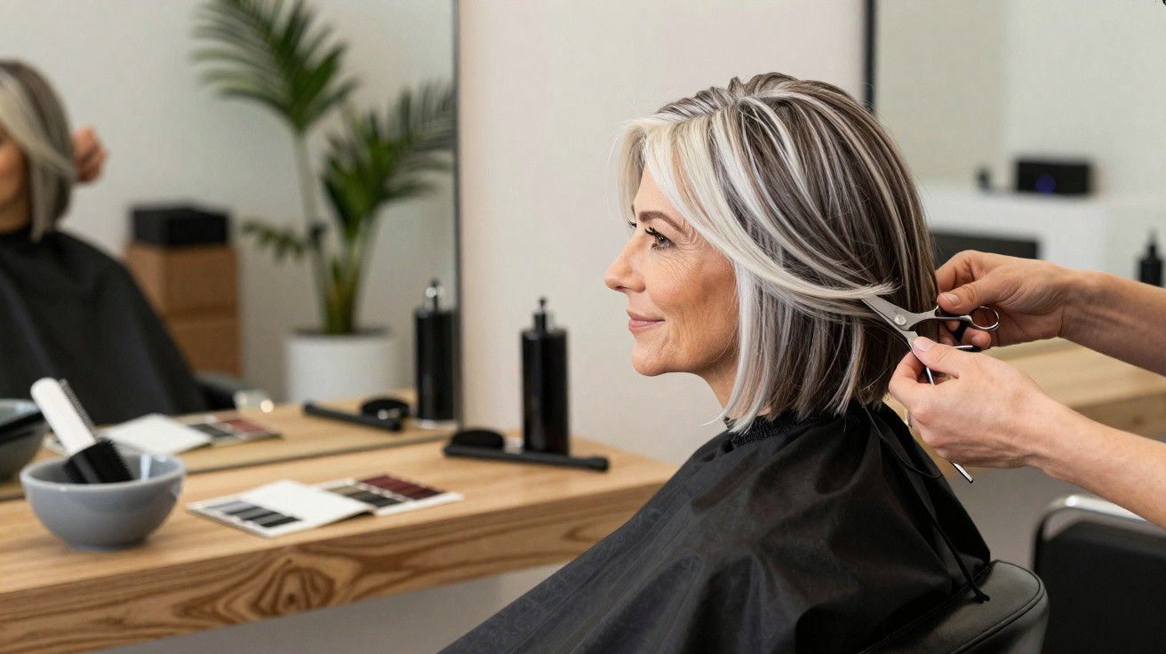 Mulher de meia-idade a cortar o cabelo num salão de cabeleireiro, sentada em frente ao espelho.