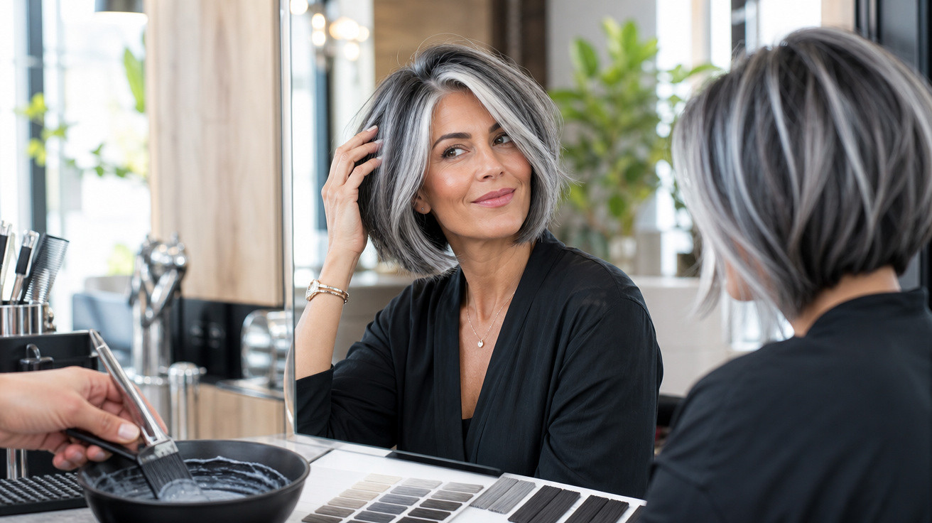 Mulher com cabelo grisalho médio olha satisfeita para o espelho num salão de cabeleireiro moderno.