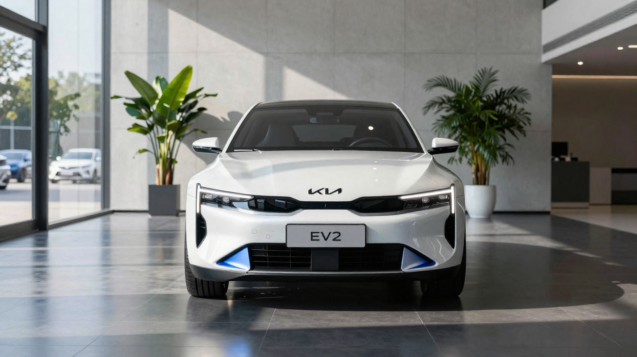 Carro elétrico branco Kia EV2 estacionado em interior com plantas e pavimento cinza.