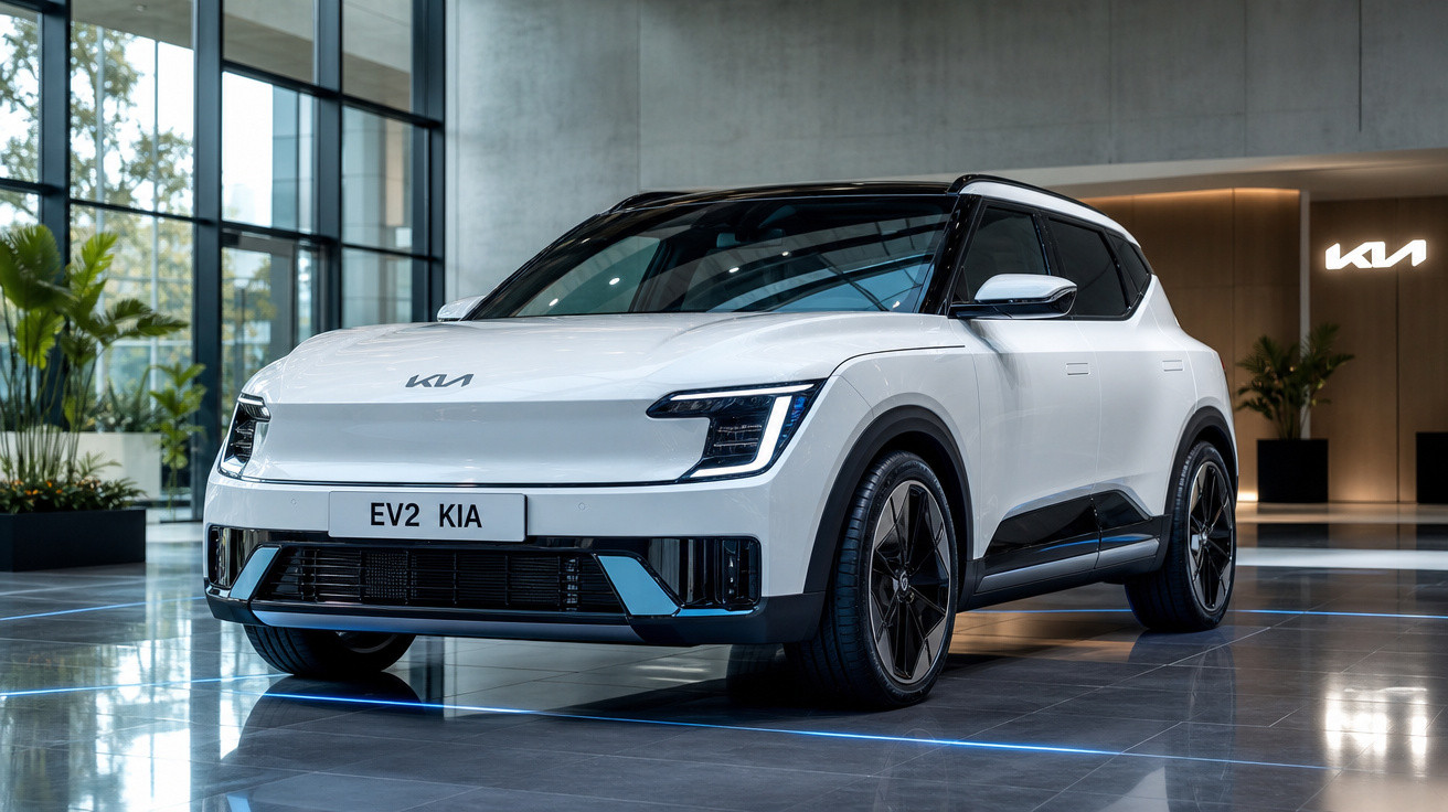Carro elétrico branco Kia EV2 SUV numa exposição moderna com paredes de vidro e iluminação interior.