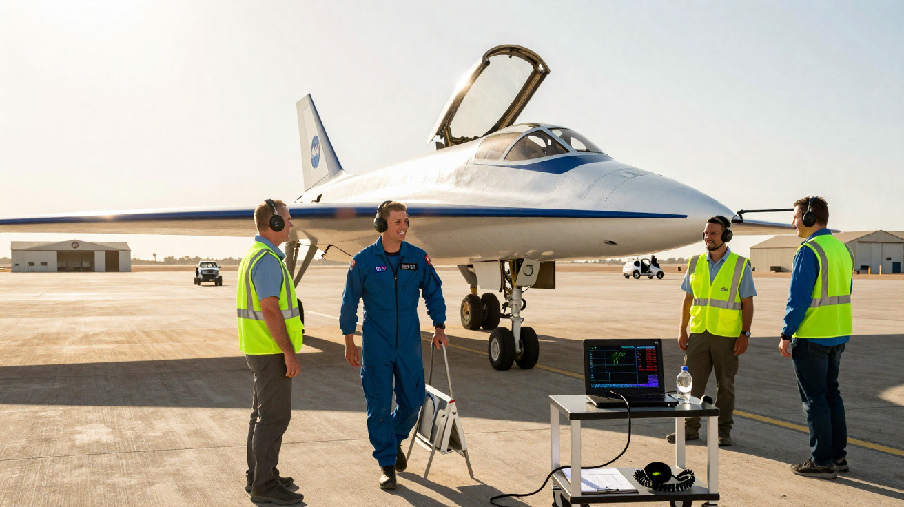 Piloto e equipa de terra com coletes refletivos ao lado de avião branco estacionado numa pista de aeroporto.