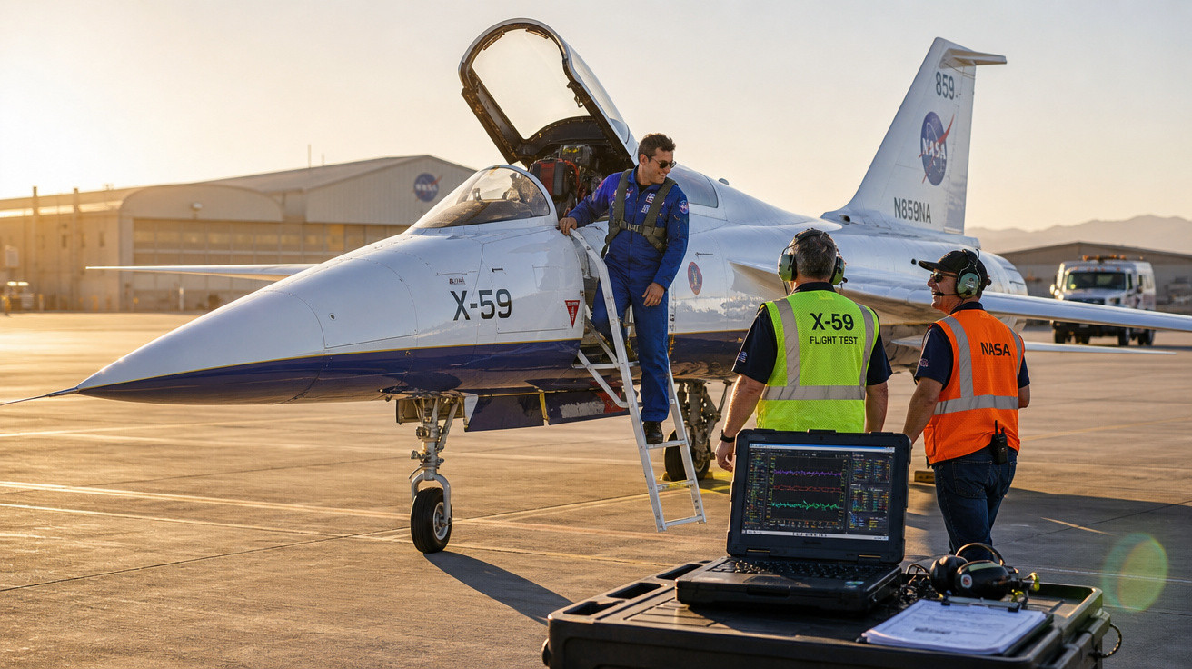 Avião X-59 da NASA no chão com piloto a sair e técnicos a monitorizar dados no aeroporto ao pôr do sol.
