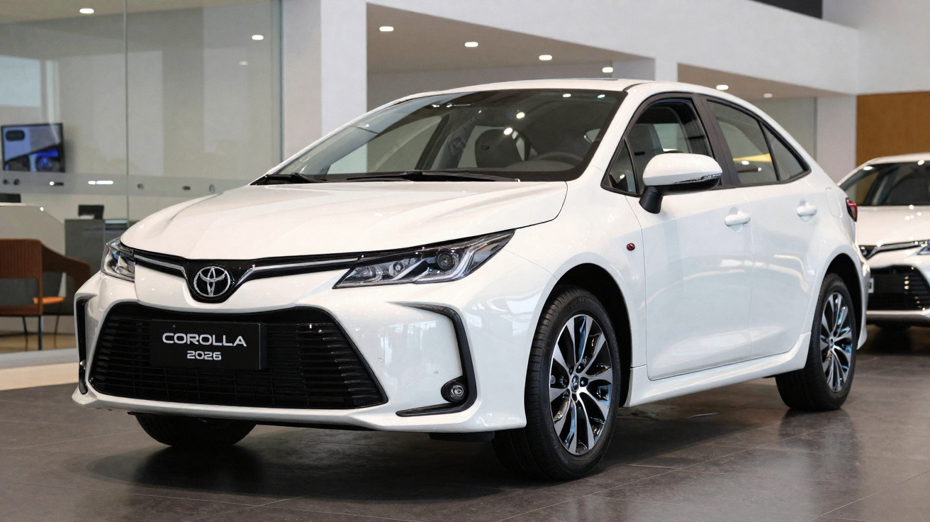 Carro branco Toyota Corolla 2026 em exposição num salão moderno com chão escuro e paredes claras.