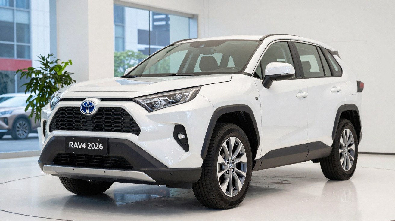 Toyota RAV4 2026 branco exibido em showroom moderno com vidro ao fundo.