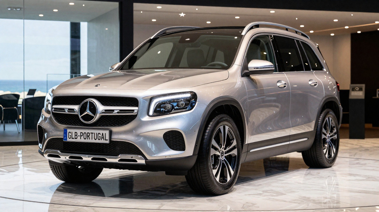 Mercedes-Benz SUV cinzento estacionado em showroom com chão de mármore e parede vidro ao fundo.