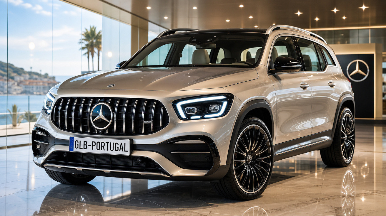 SUV Mercedes-Benz prata brilhante com matrícula GLB-PORTUGAL em exposição num showroom moderno
