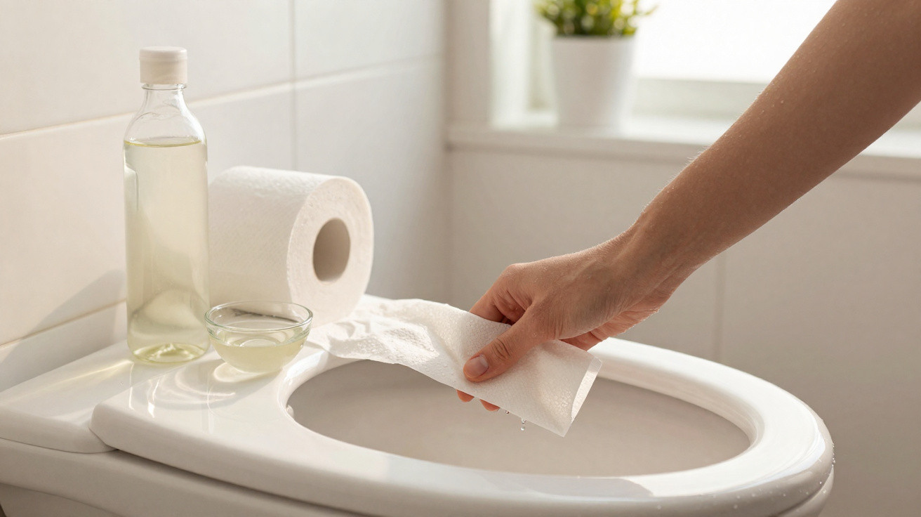 Mão a limpar a tampa da sanita com papel e garrafa de líquido de limpeza numa casa de banho clara.