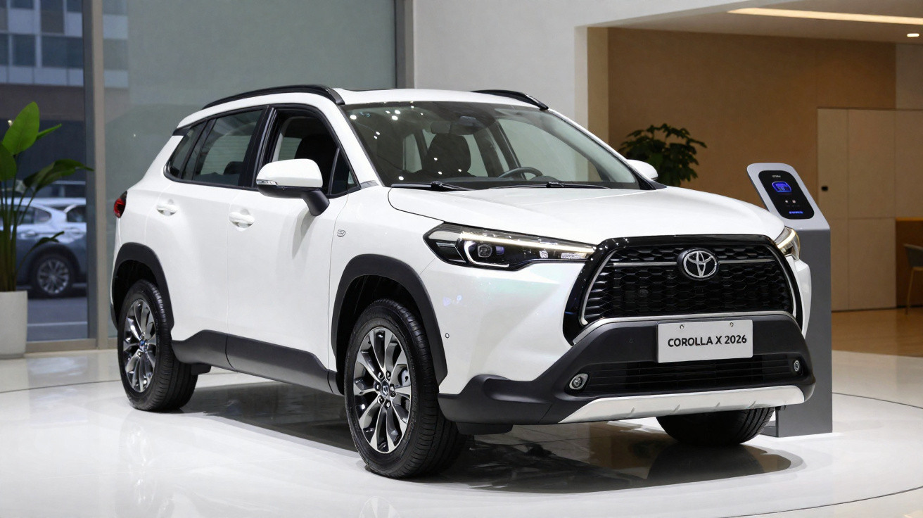 Toyota Corolla X 2026 branco estacionado em showroom moderno com parede de vidro e carregador elétrico ao fundo.