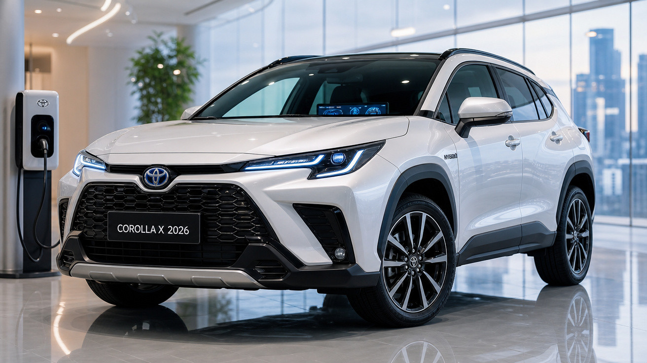 Toyota Corolla X 2026 branco, SUV híbrido, com faróis LED, em showroom moderno com parede de vidro.