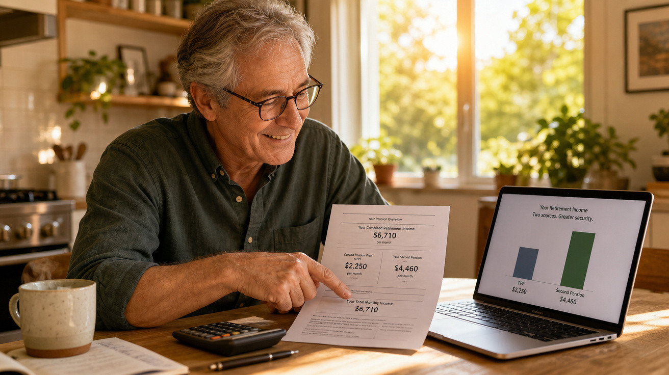 Homem sénior a analisar documentos financeiros com gráficos num computador portátil numa cozinha iluminada.