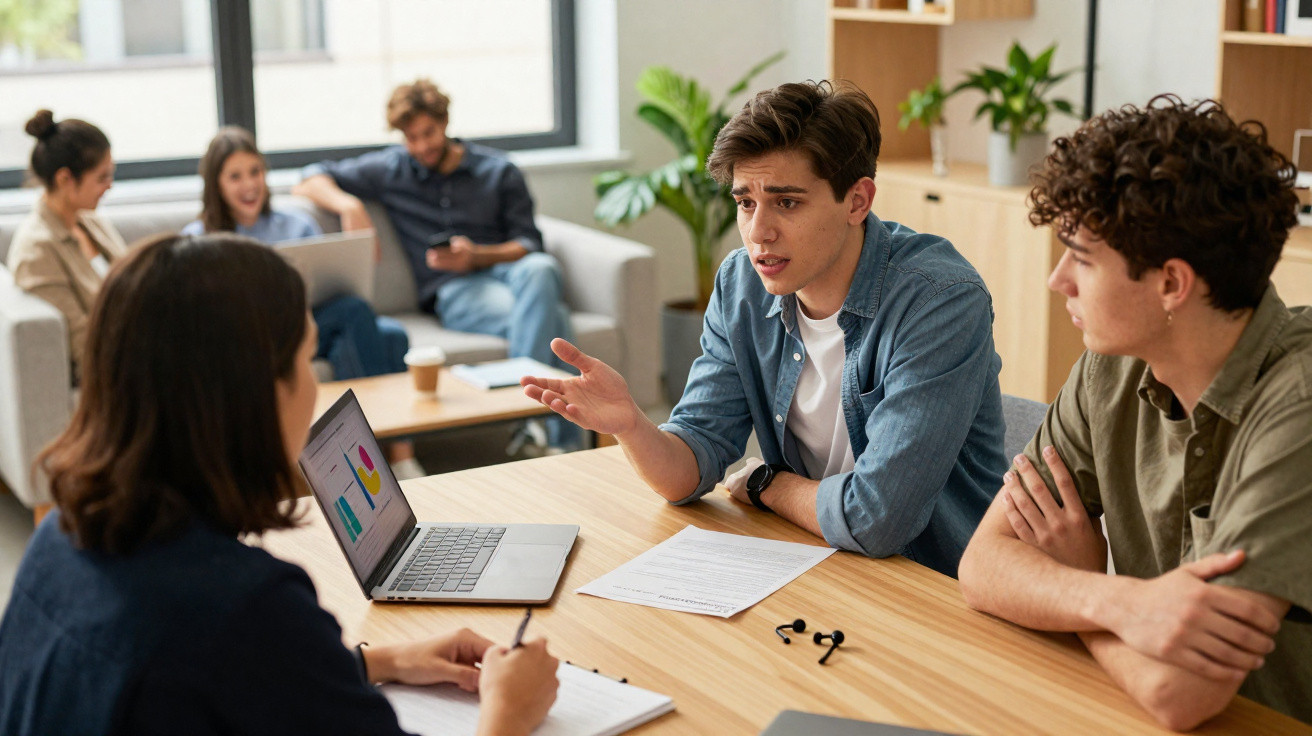 Jovens em reunião informal, analisando gráficos num portátil e discutindo documentos numa mesa de madeira.