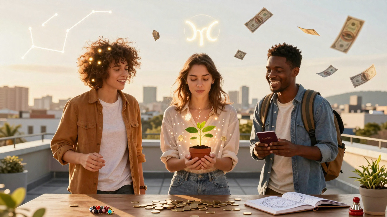 Três jovens num terraço rodeados por moedas e cédulas com símbolos astrológicos e uma planta iluminada.