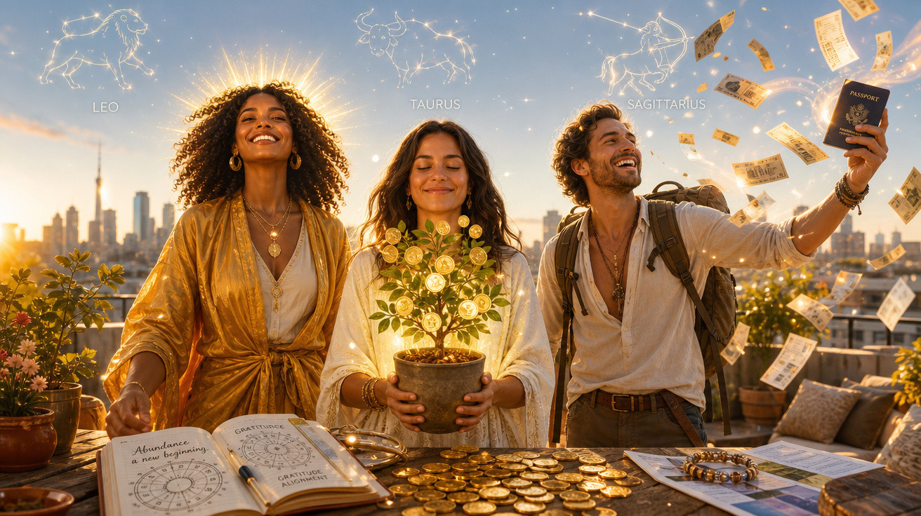 Três pessoas felizes com símbolos de signos, moedas douradas e árvore de moedas num terraço ao pôr do sol.