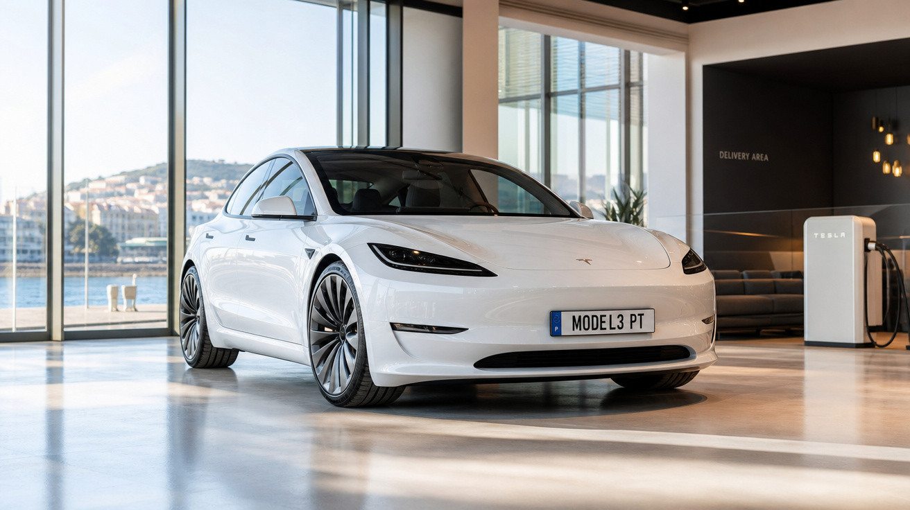 Carro elétrico Tesla Model 3 branco estacionado dentro de showroom moderno com vista para a água.