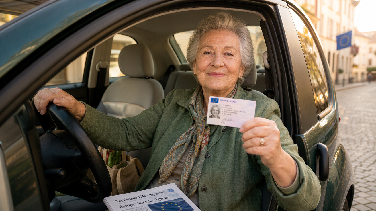 Idosa sorridente ao volante mostra carta de condução dentro de carro estacionado numa rua de cidade.