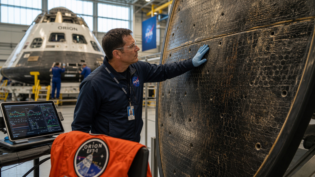 Técnico da NASA inspeciona escudo térmico de cápsula Orion num hangar com equipamentos científicos.