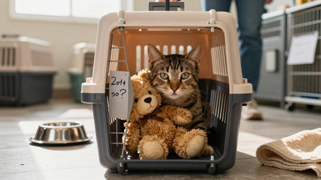 Gato dentro de transportadora de animais abraçado a um ursinho de peluche numa sala iluminada.