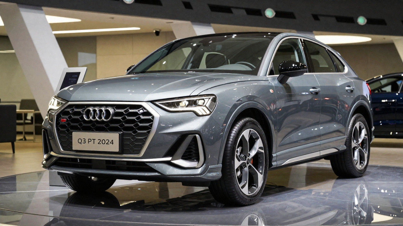 Audi Q3 2024 cinzento estacionado em exposição interior com iluminação moderna.