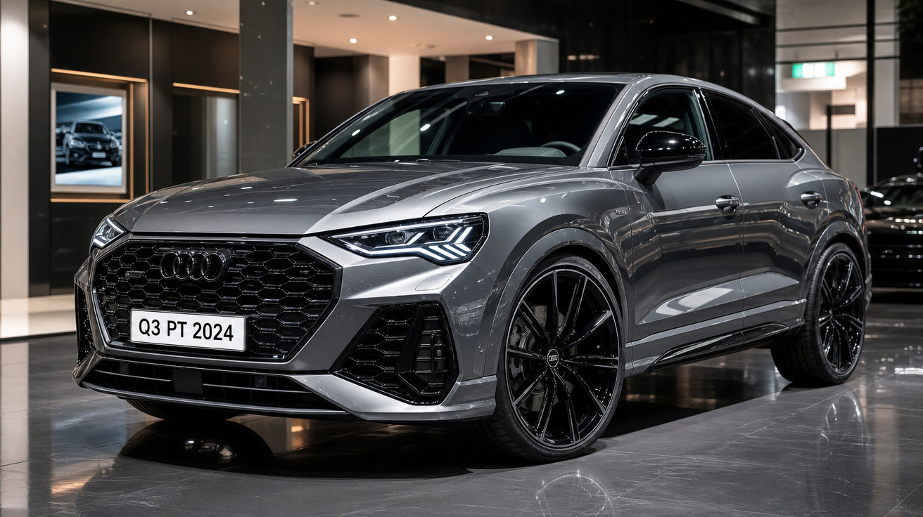 Carro Audi Q3 PT 2024 cinzento metálico, estilo SUV coupé, apresentado em showroom moderno.