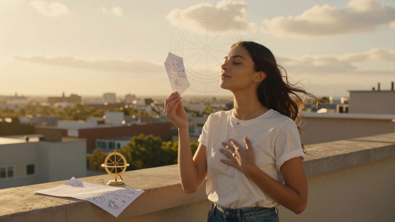Mulher jovem em terraço a respirar profundamente, segurando desenho, ao pôr do sol numa cidade.