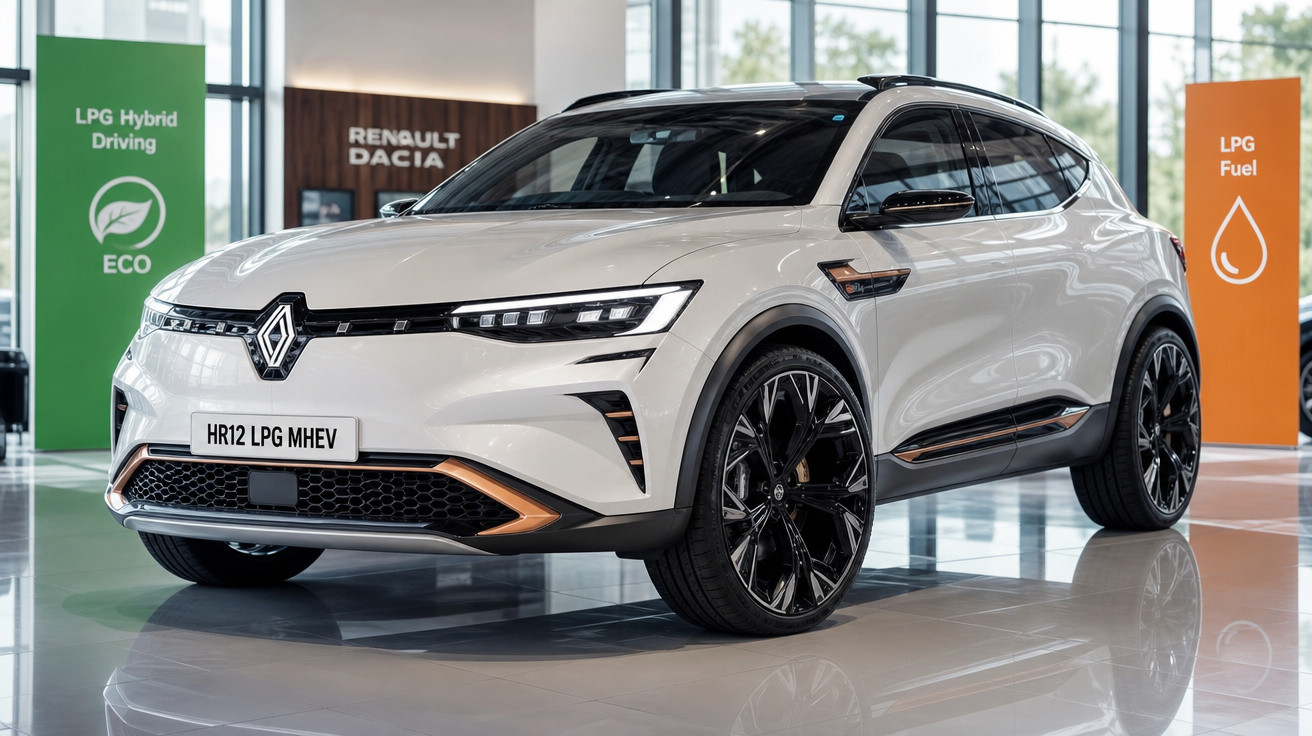 Carro Renault híbrido branco com detalhes em preto e laranja, em exposição numa sala moderna.
