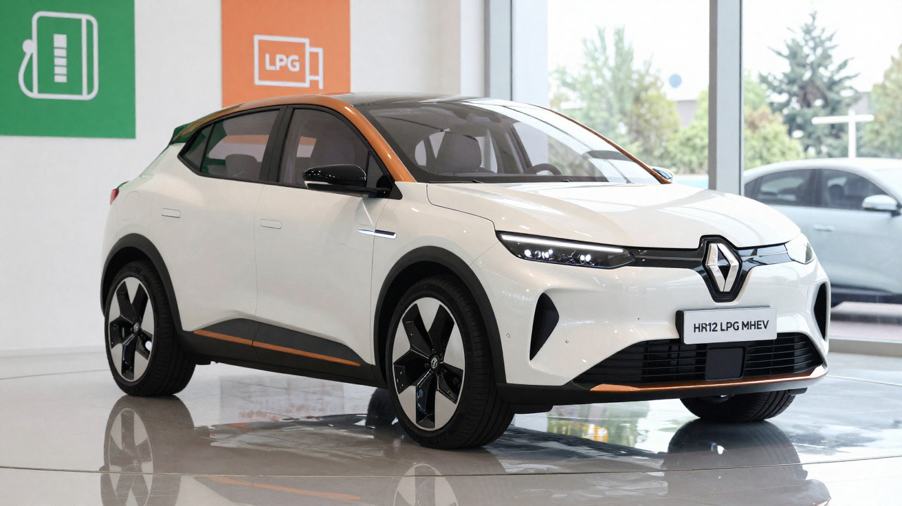 Carro elétrico branco e laranja da Renault exposto em salão, com símbolos de carregamento e LPG ao fundo.