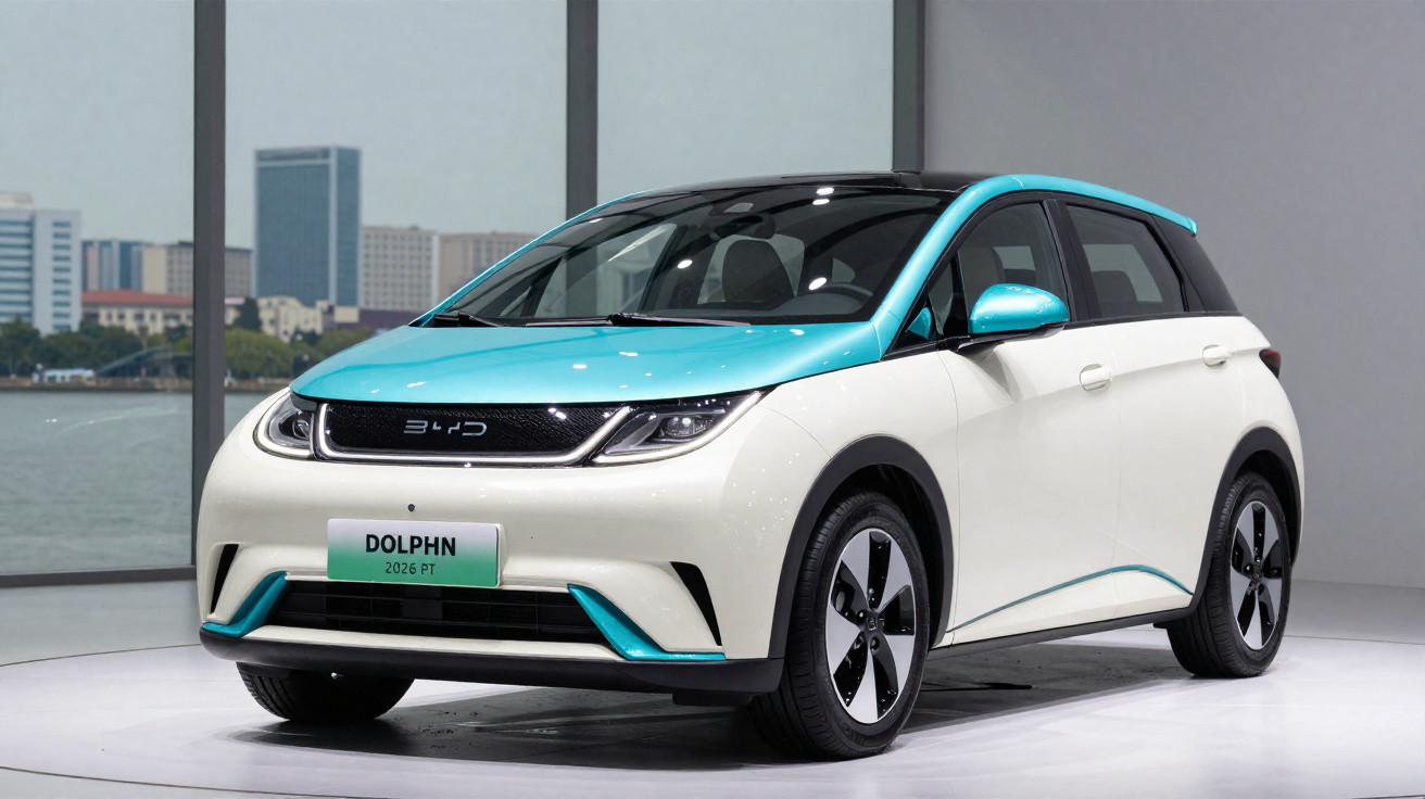Carro elétrico BYD Dolphin branco e azul exposto num salão com janelas grandes e vista para cidade.