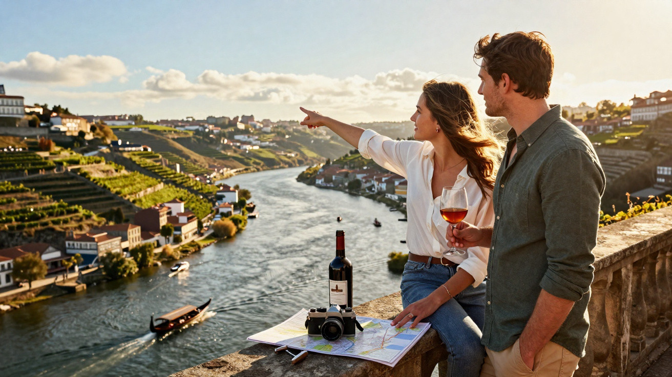 Casal a apreciar a vista do rio Douro com mapa, garrafa de vinho e máquina fotográfica ao pôr do sol.