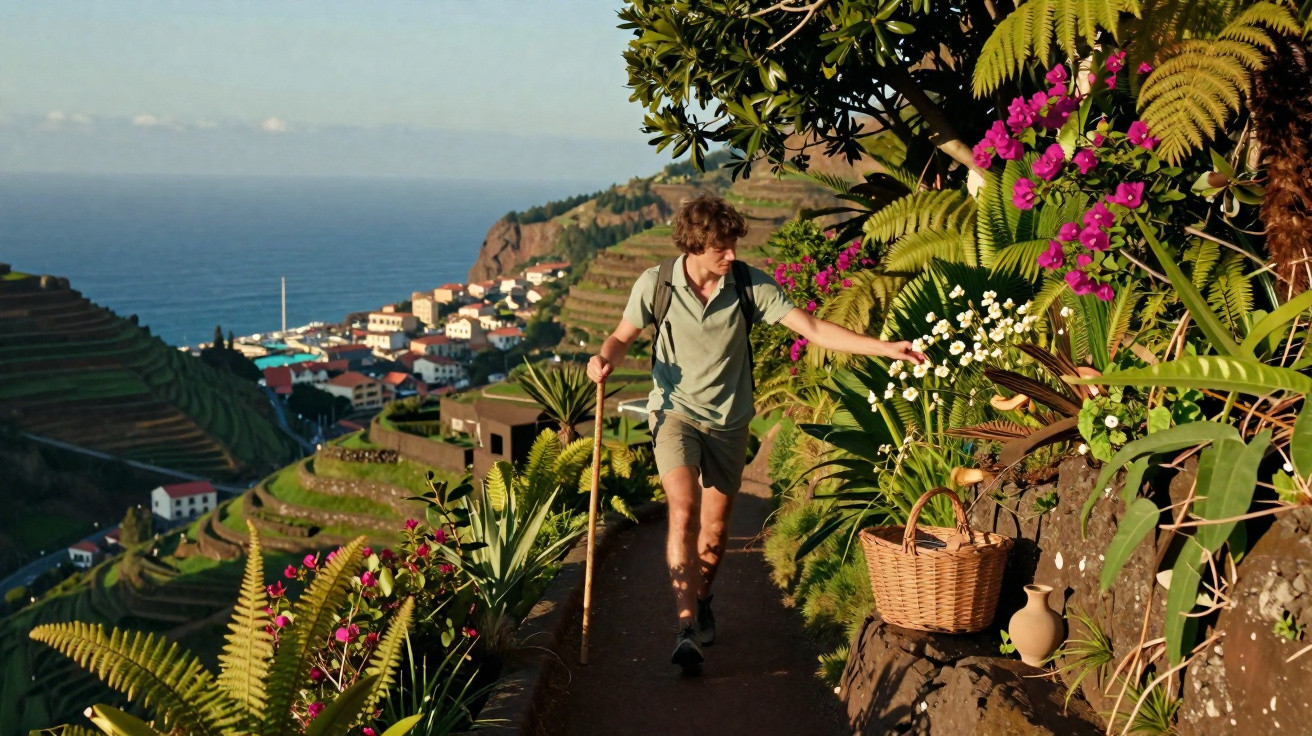 Homem a caminhar por trilho florido em socalcos com vista para vila e mar ao fundo, Madeira, Portugal.