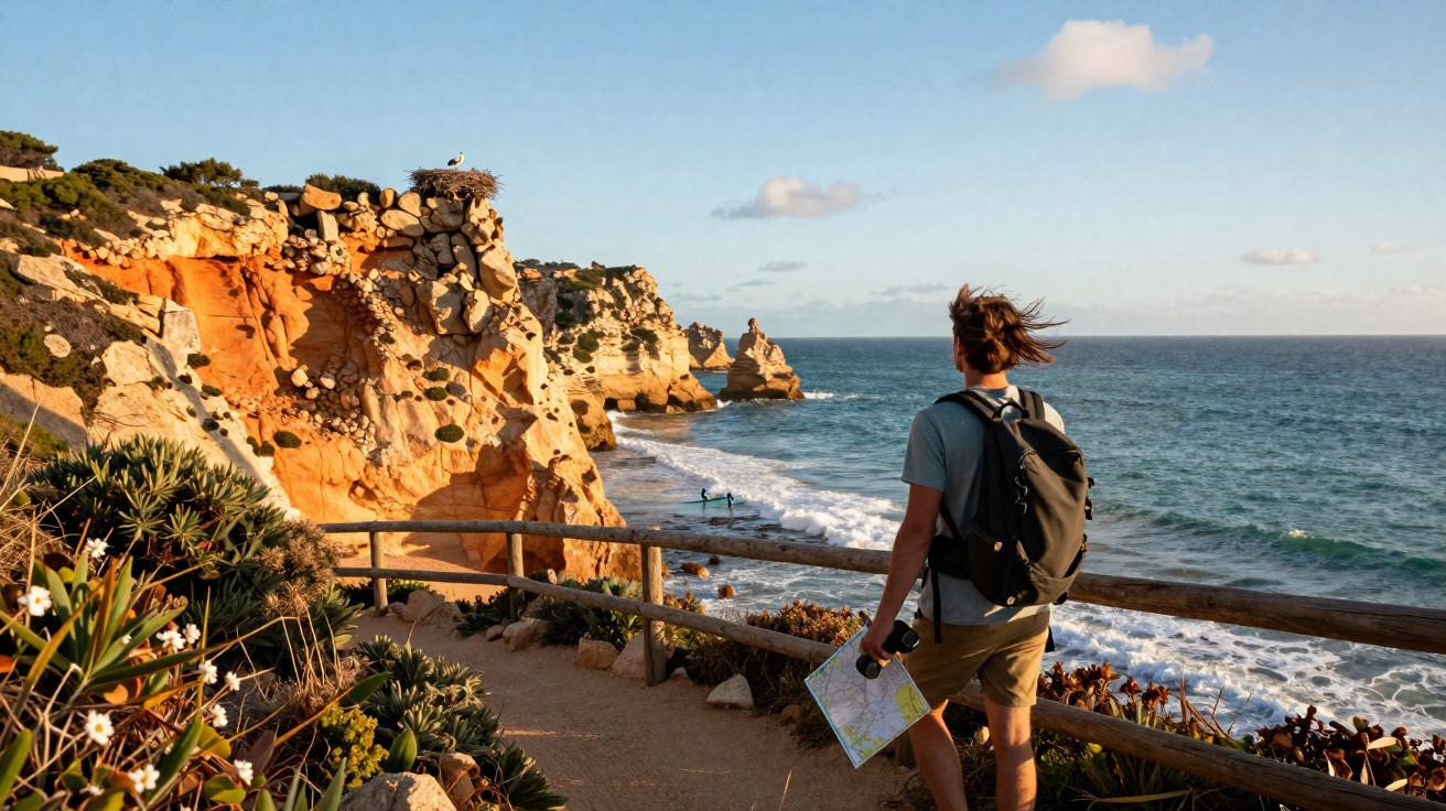 Pessoa com mochila e mapas observa falésias e mar numa caminhada junto à costa rochosa ao pôr do sol.