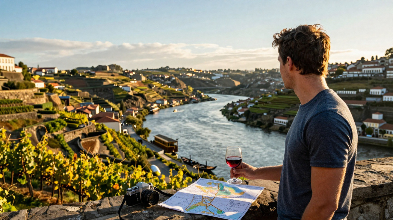Homem segurando copo de vinho tinto, olhando para o rio Douro e vinhas ao pôr do sol.