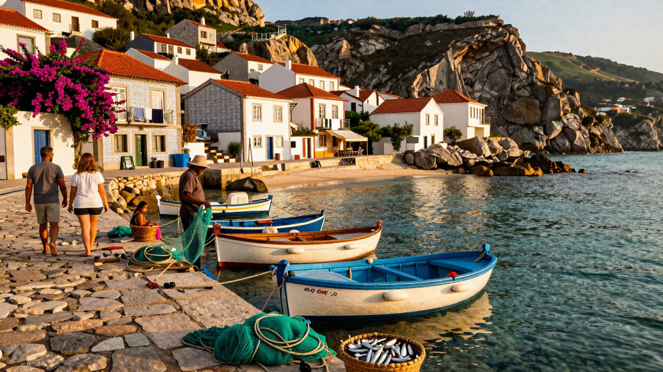 Vila piscatória com barcos ancorados, pescador a verificar rede e casario junto ao mar ao pôr do sol.