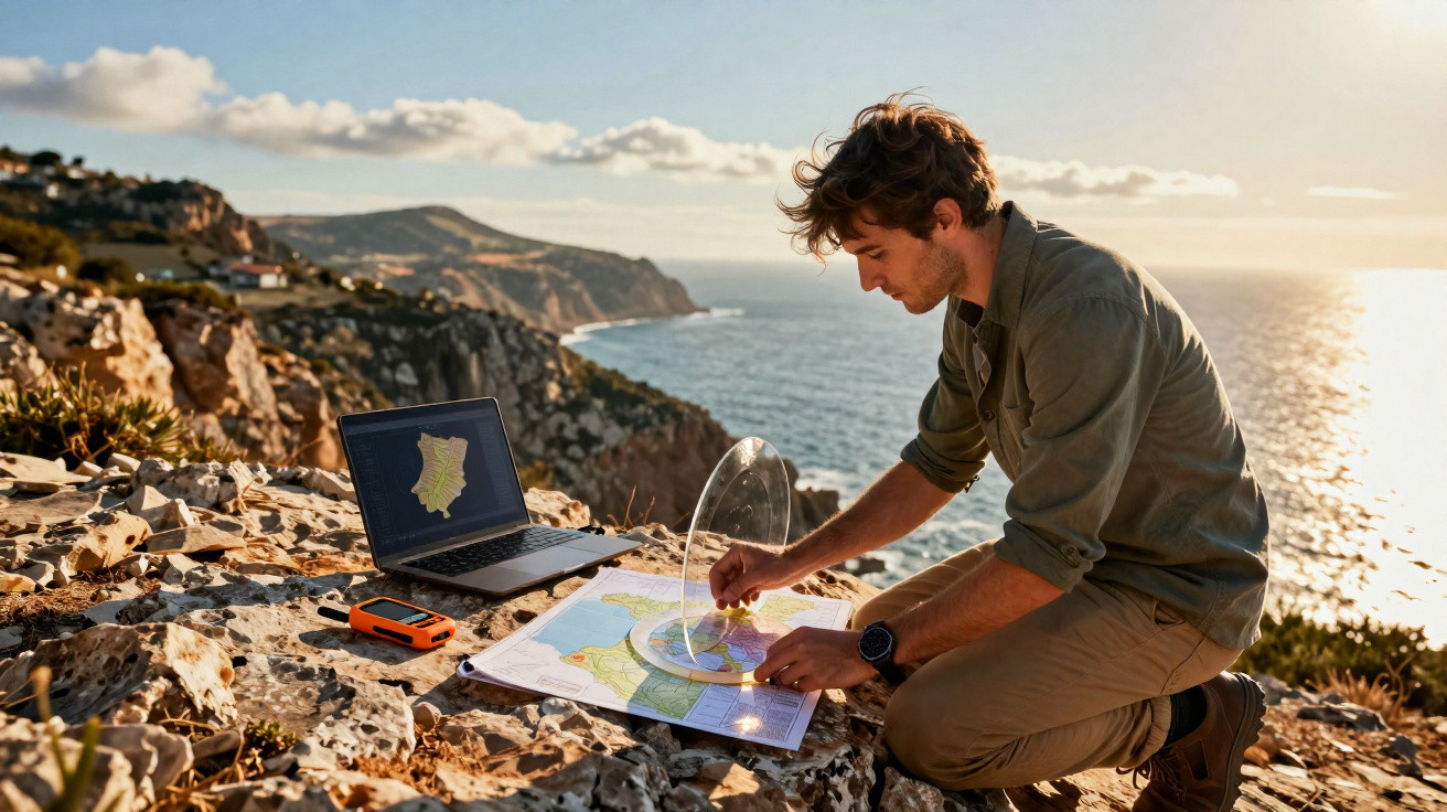 Homem jovem usa bússola e mapa no topo de penhasco com vista para o mar ao pôr do sol.
