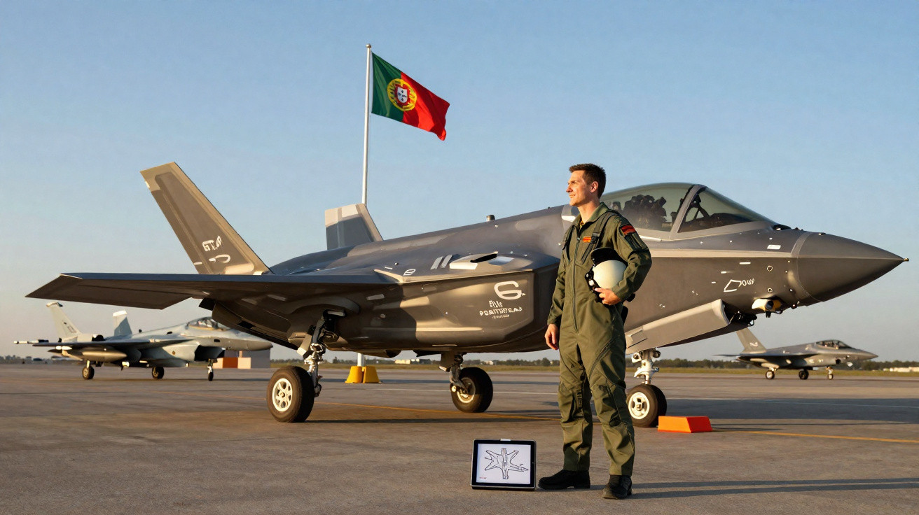 Piloto militar em uniforme junto a caça F-35 com bandeira de Portugal ao fundo no aeroporto.
