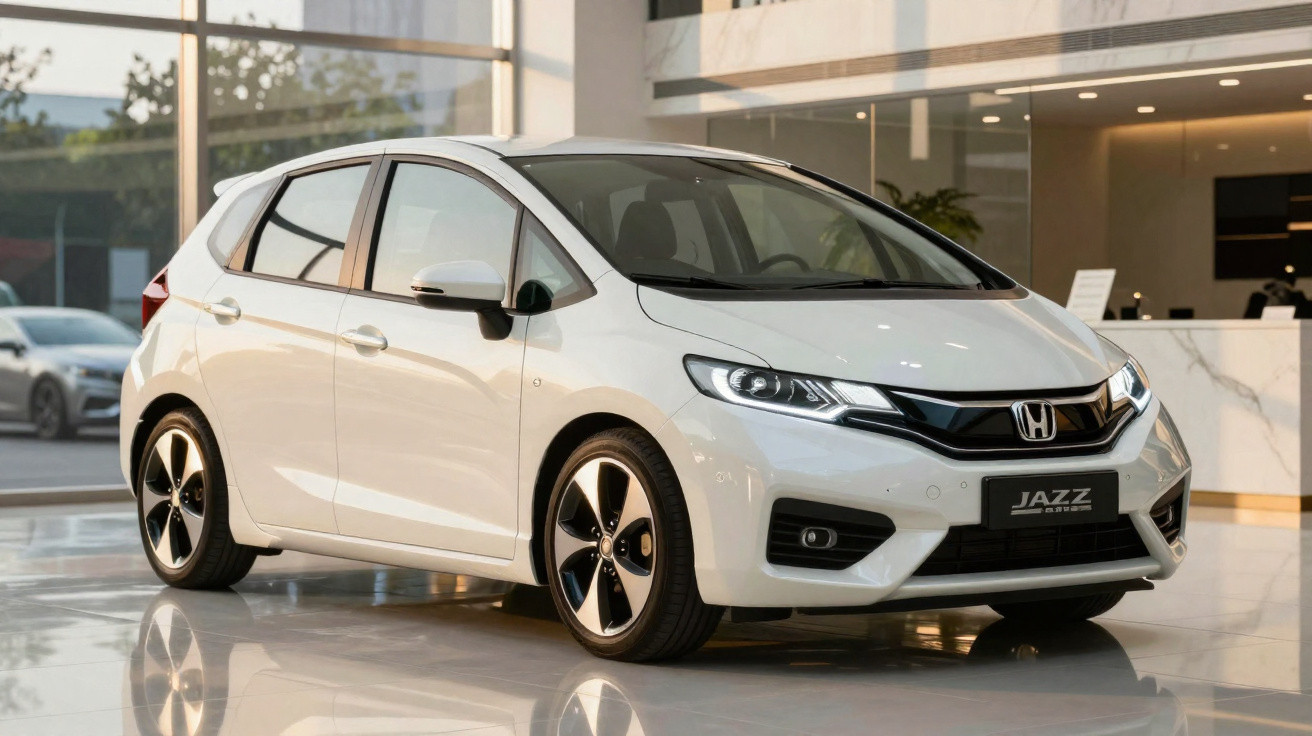 Automóvel Honda Jazz branco estacionado dentro de uma garagem moderna com chão brilhante.