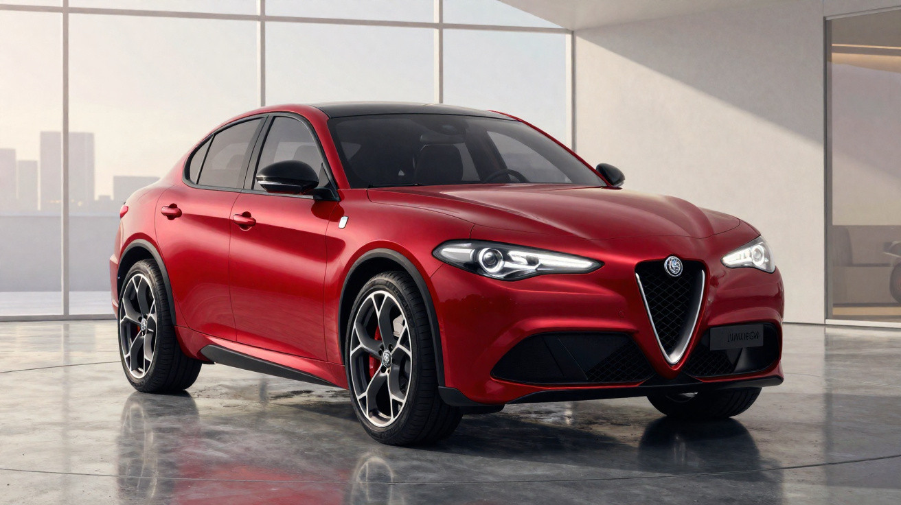 Carro desportivo SUV Alfa Romeo vermelho estacionado num piso polido em espaço amplo e moderno.