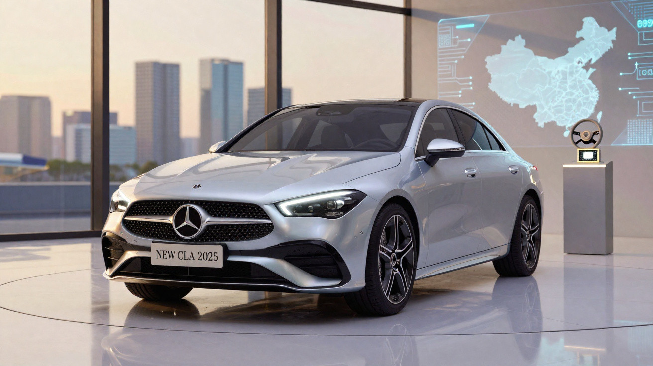 Carro Mercedes-Benz CLA 2025 prata exibido num salão moderno com janelas grandes e projeção digital ao fundo.