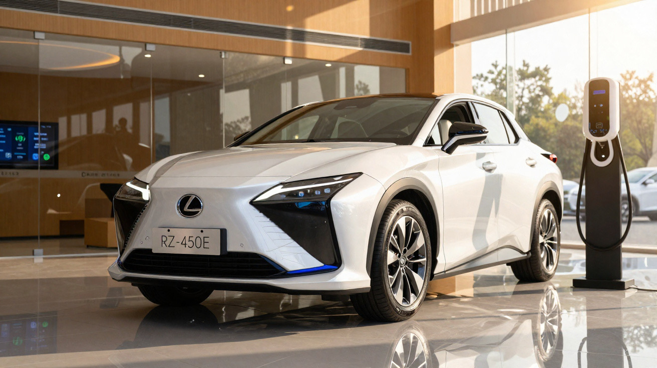 Carro elétrico branco Lexus RZ-450E em exposição numa sala moderna com carregador ao lado.