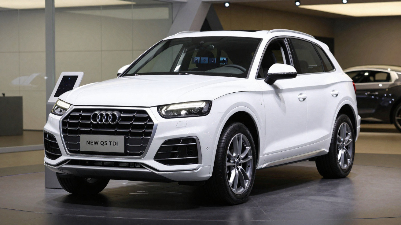 Audi Q5 TDI branco exibido em salão automóvel com iluminação interior.