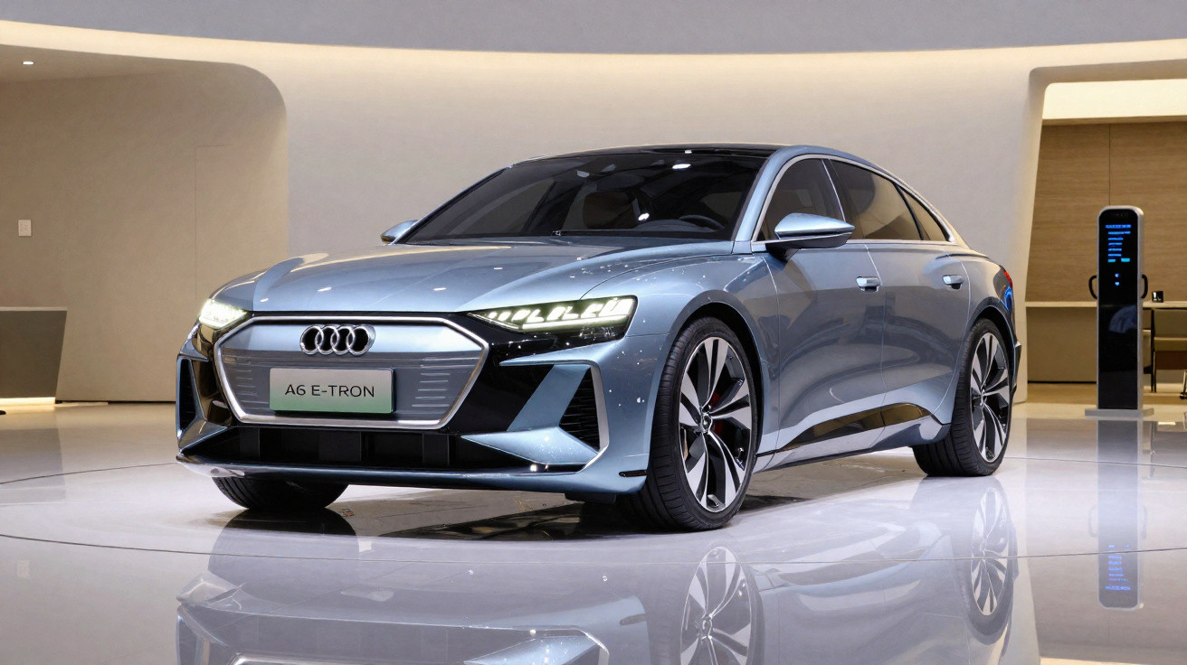 Audi A6 E-Tron elétrico cinzento exposto num espaço interior moderno e iluminado.