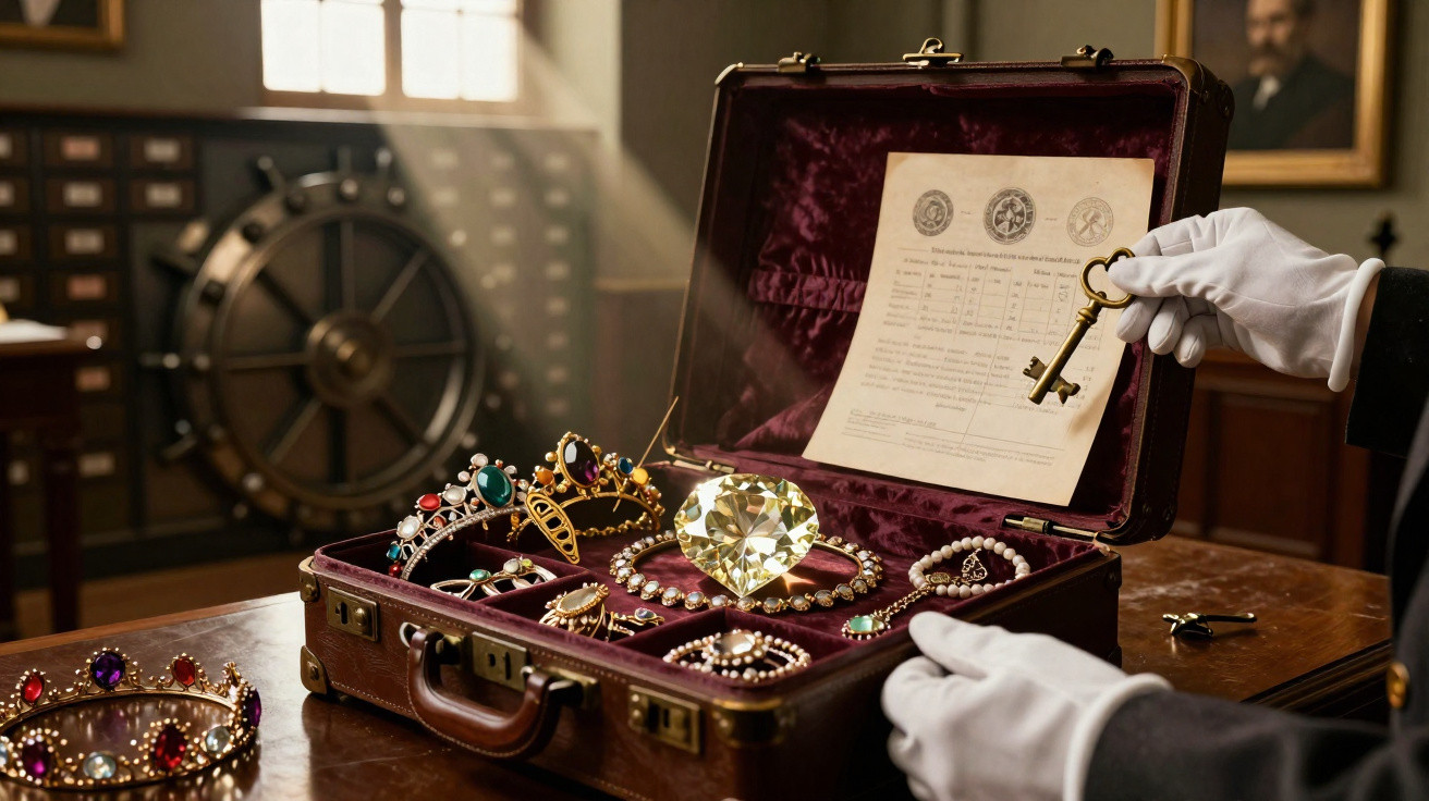 Mala aberta com joias antigas, coroas, colares e um grande diamante em escritório com cofre ao fundo.