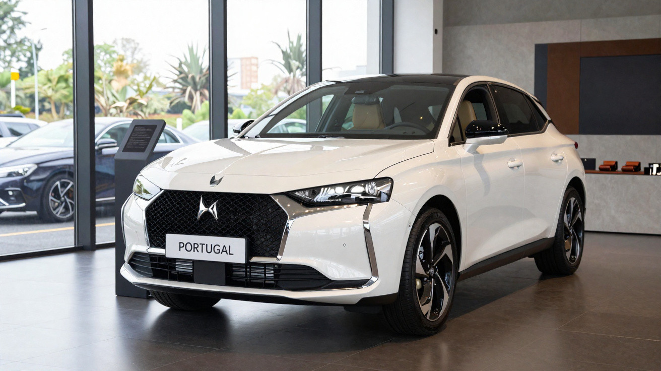 Automóvel branco DS 4 exposto em sala moderna com janelas grandes e placa com inscrição Portugal.