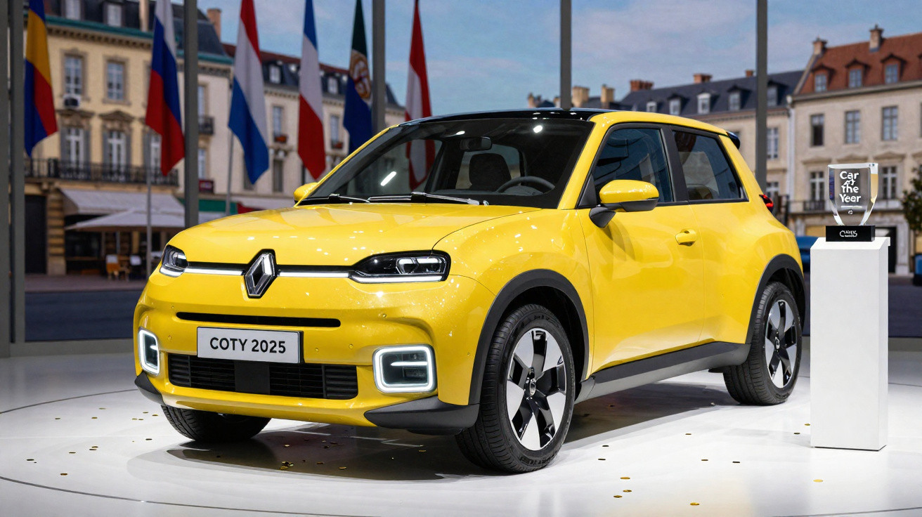 Carro amarelo compacto Renault vencedor do prémio Carro do Ano 2025 numa exposição com bandeiras ao fundo.