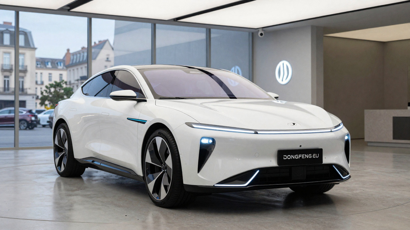 Carro elétrico branco Dongfeng EU em exposição moderna com janelas amplas e iluminação interior.