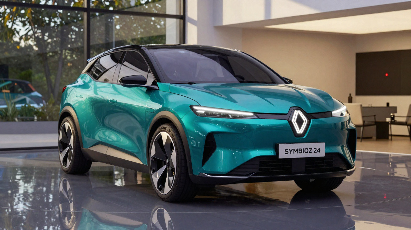 Renault Symbioz Z4 elétrico verde num showroom moderno com chão refletor e iluminação natural.