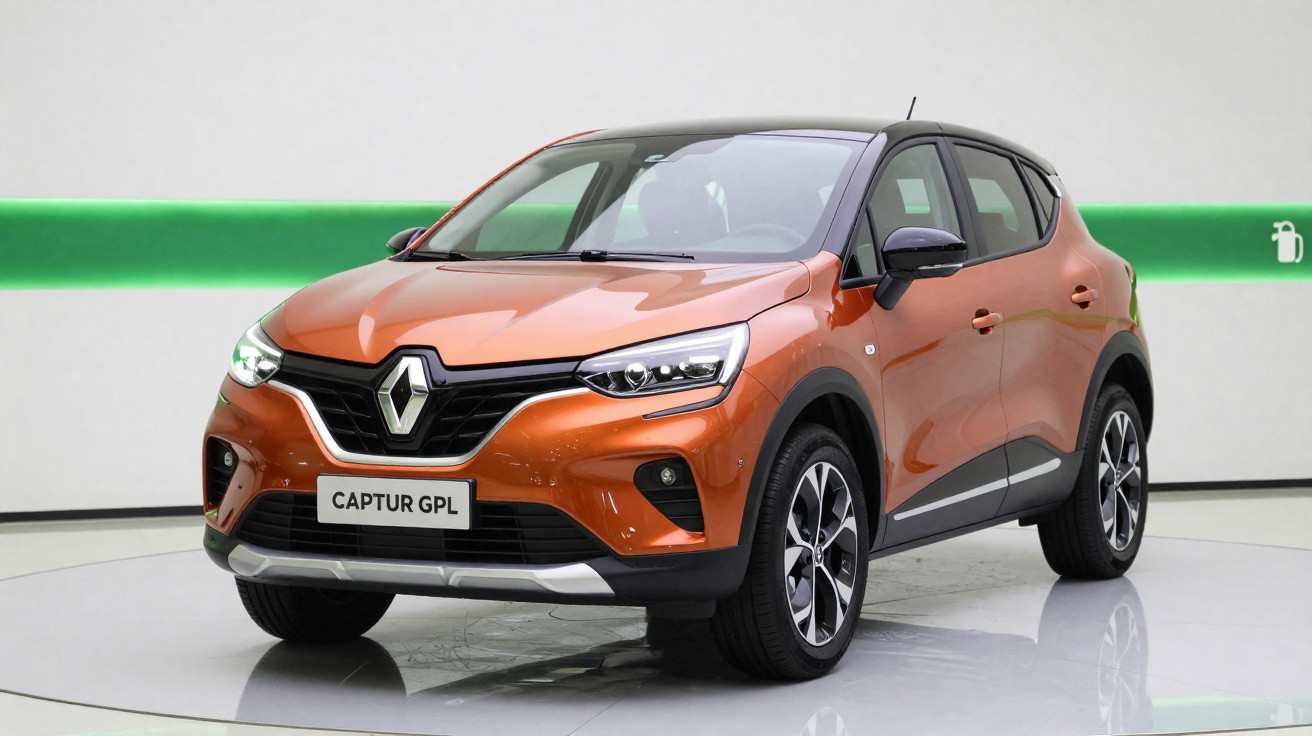 Renault Captur laranja com detalhes pretos, em fundo branco e faixa verde, visto de frente e lado.